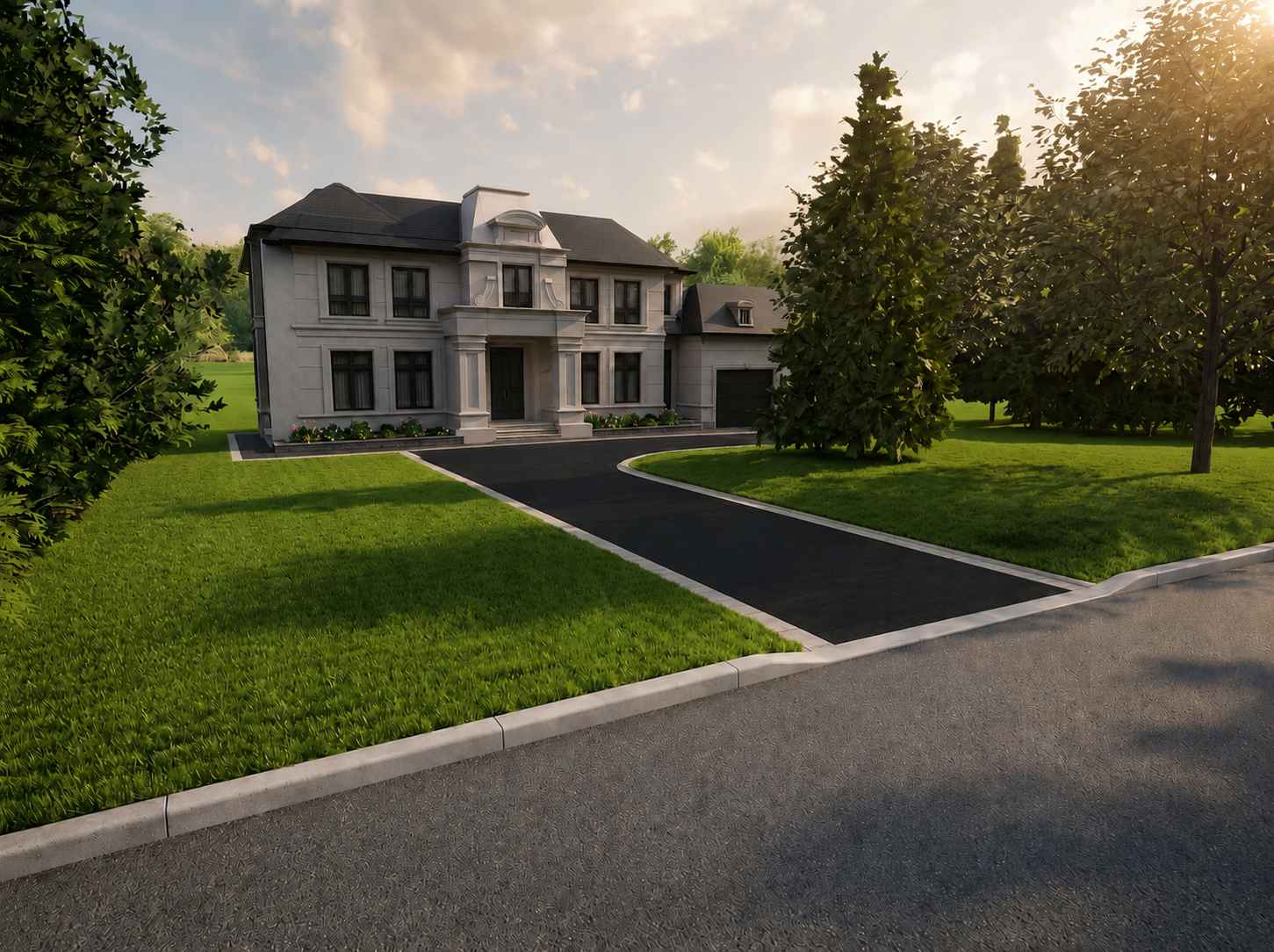 Front elevation render — asphalt driveway with natural stone border approaching the residence