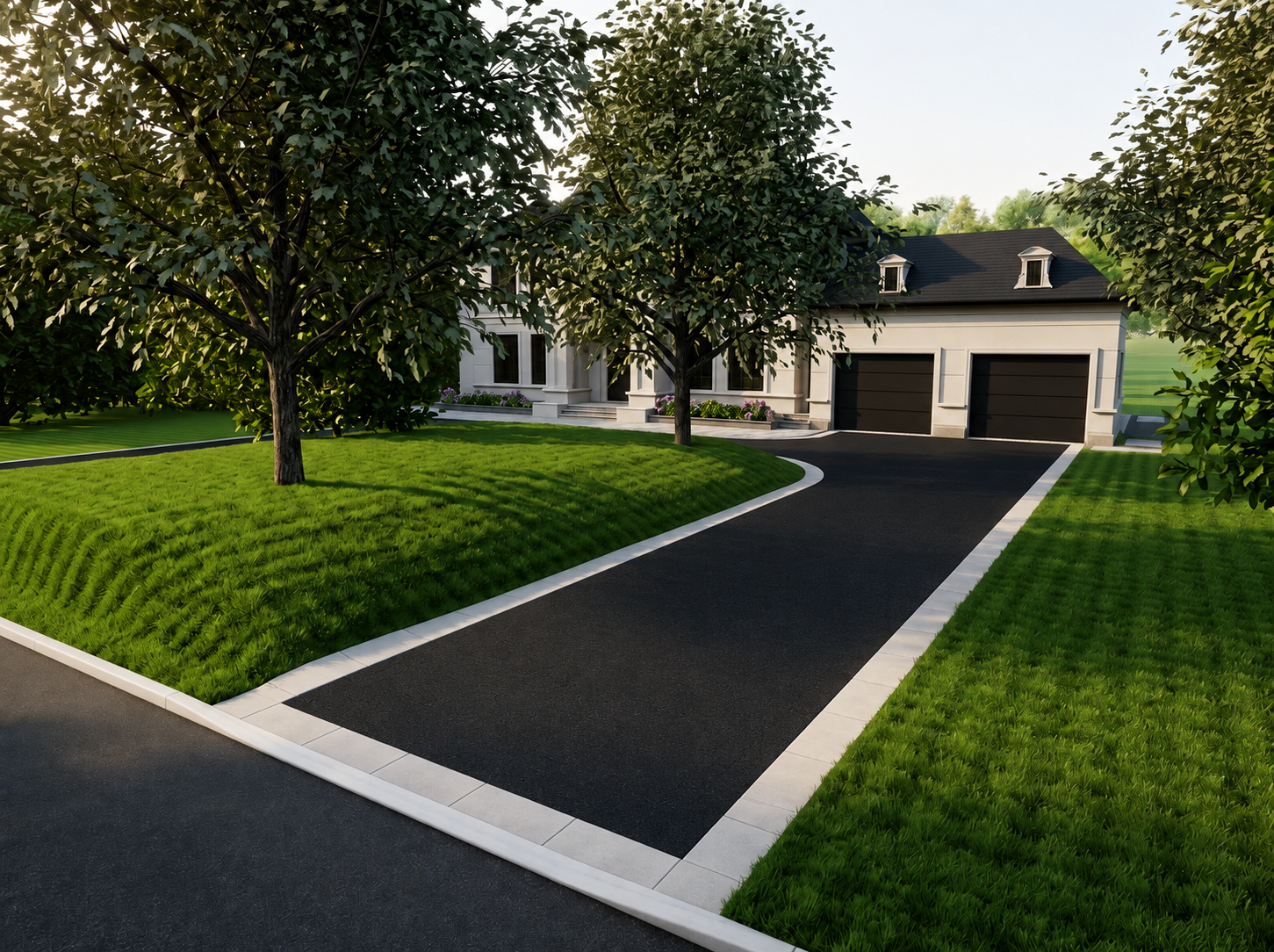 Driveway render looking toward the garages with stone banding along both edges