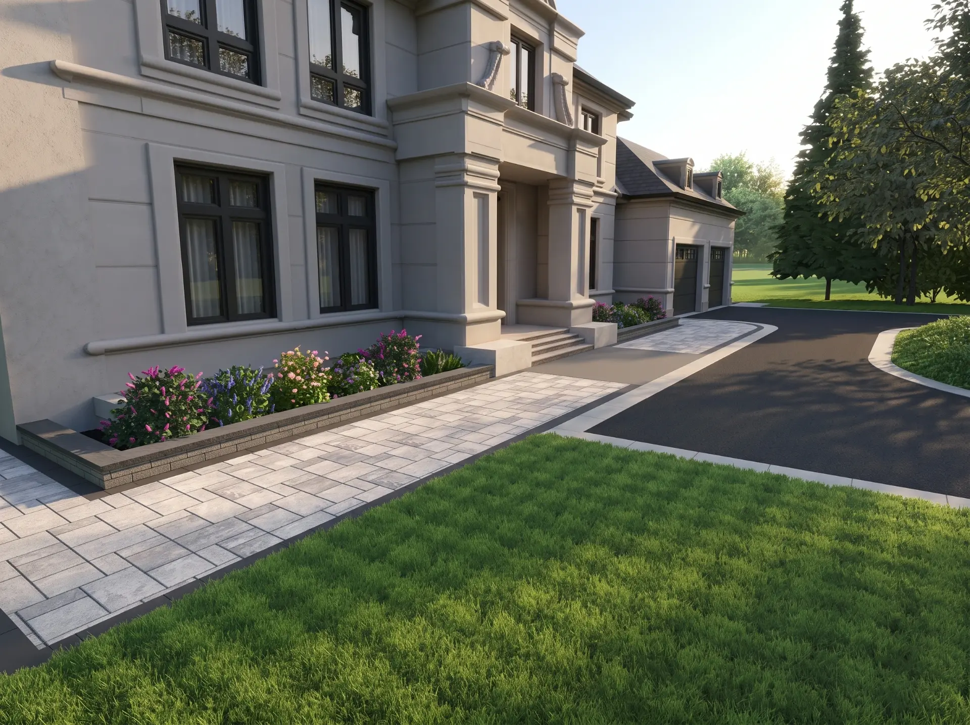 Render of the front walkway leading to the entry steps with planting beds along the facade