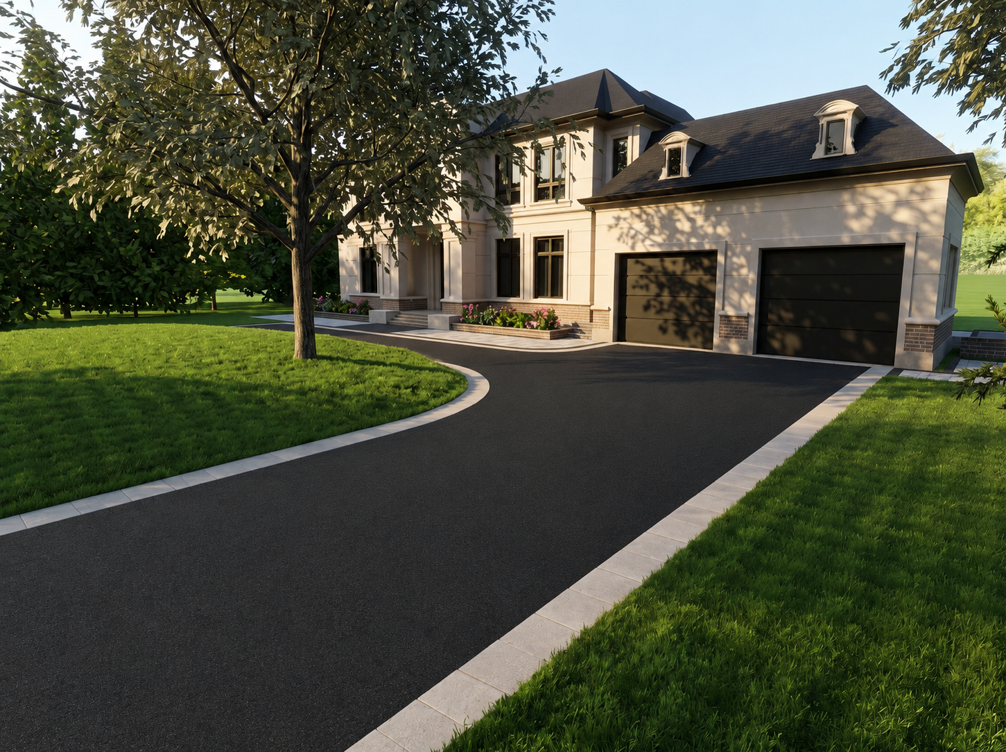 Angled render of the driveway sweeping toward the garage doors and front entry landing