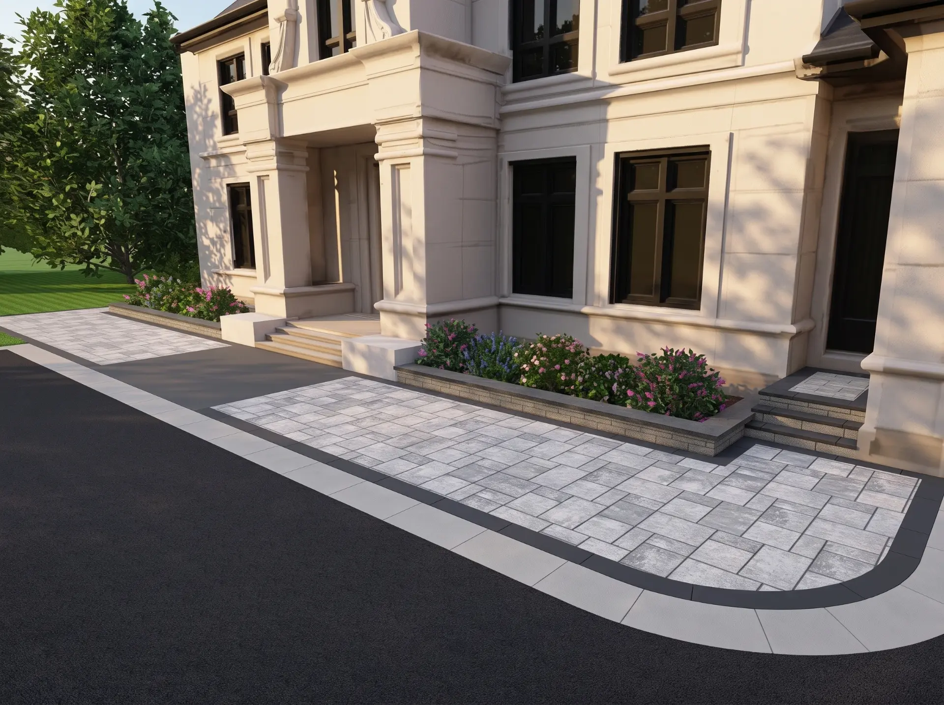 Close render of the paver entry apron with charcoal soldier border curving into the asphalt driveway beside a raised planter