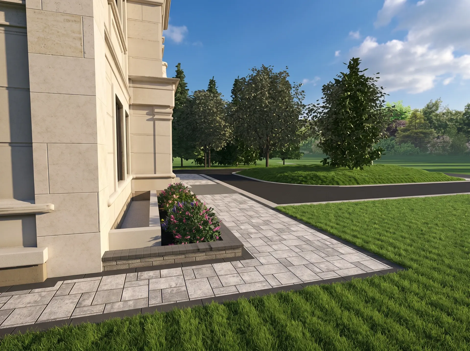 Close render of the interlocking walkway with charcoal soldier border and raised planter beside the residence