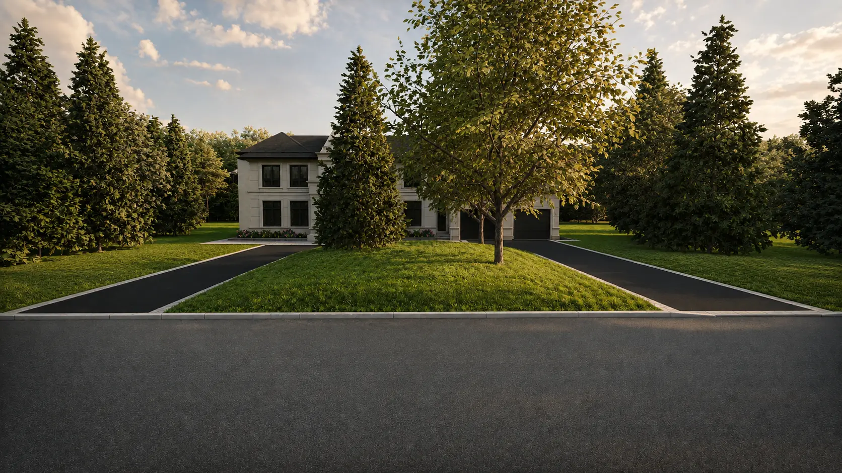 Street-level render of the full frontage with dual driveway approaches and new sod