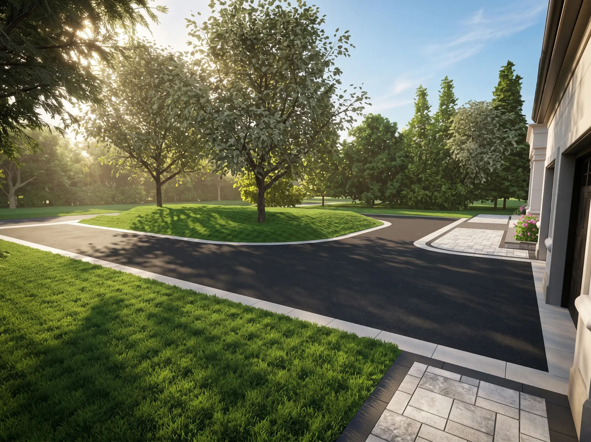 Render of the asphalt turning court with stone curb banding and paver landing at the garage