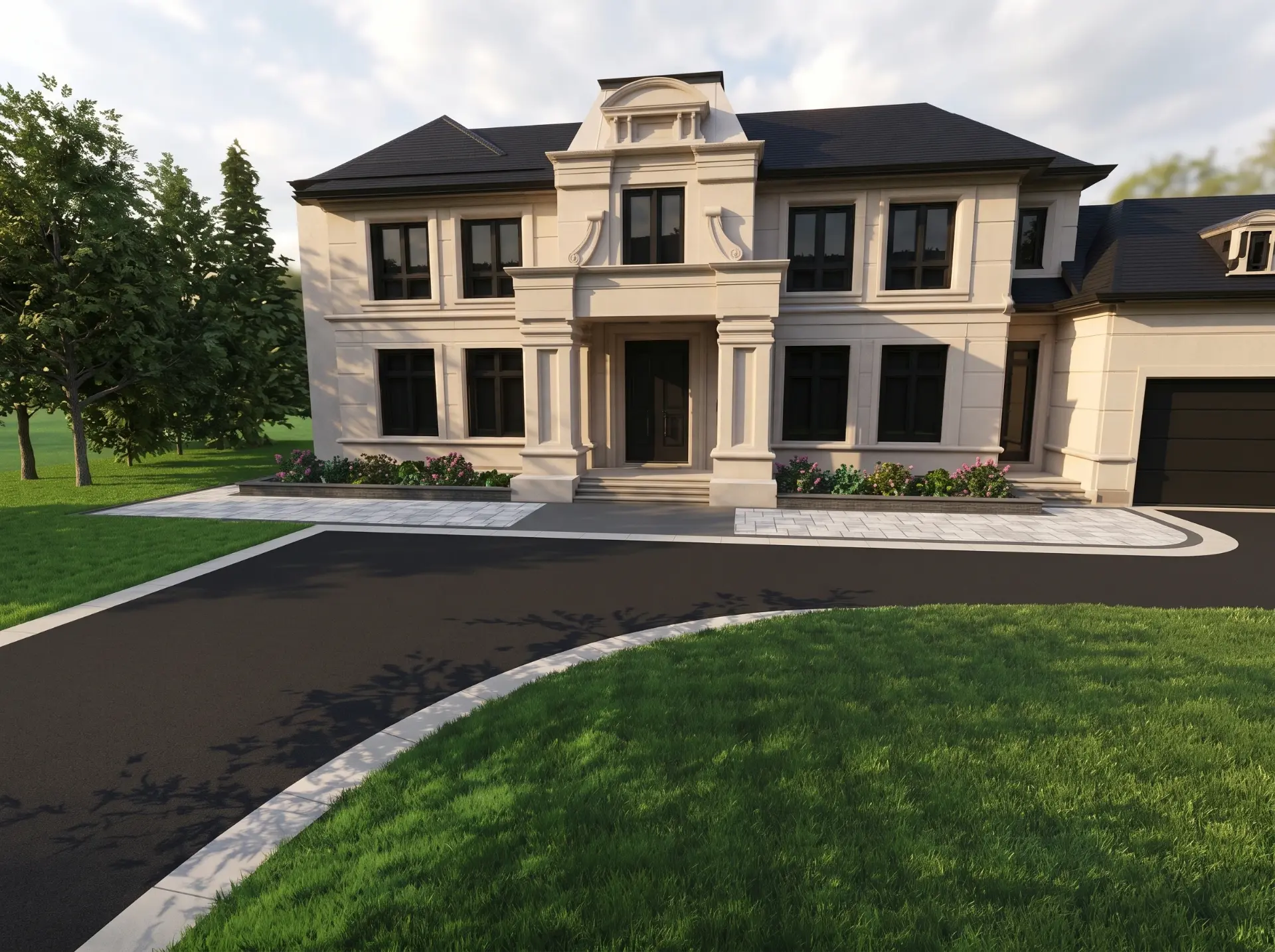Full front elevation render with paver aprons at the entry and garage and a curved stone-edged driveway