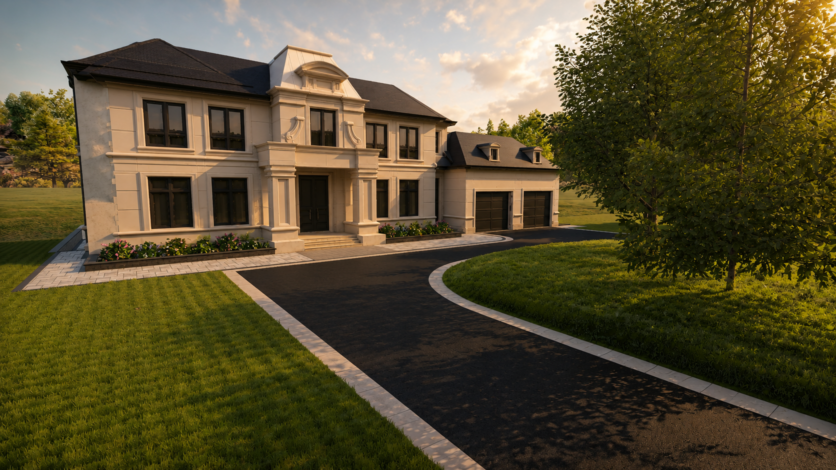 Proposed front elevation with asphalt driveway, stone borders and new sod