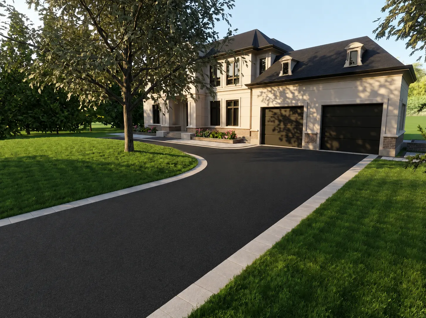 Proposed garage approach with curved asphalt driveway and stone curb